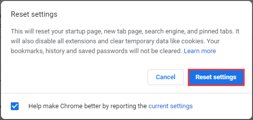 click reset settings