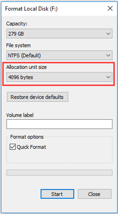 change cluster size in File Explorer