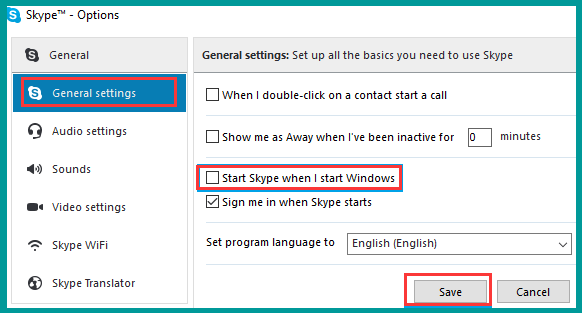uncheck the box for Start Skype when I start Windows