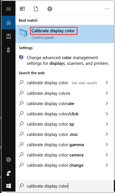 open calibrate display color from the search box