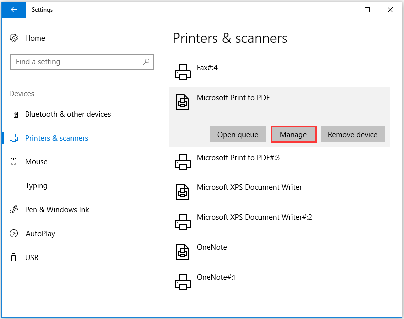 click on manage option on the target printer