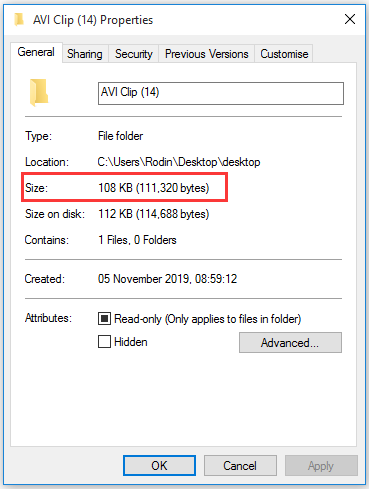 the actual size of the file