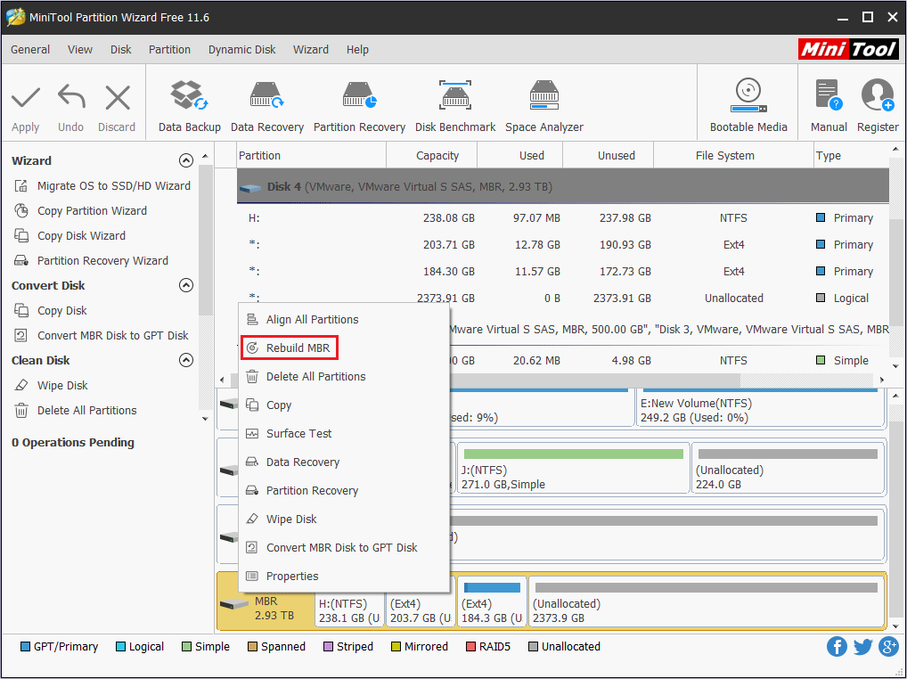 rebuild MBR in MiniTool Partition Wizard