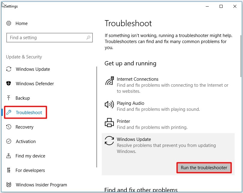 run the troubleshooter of Windows Update