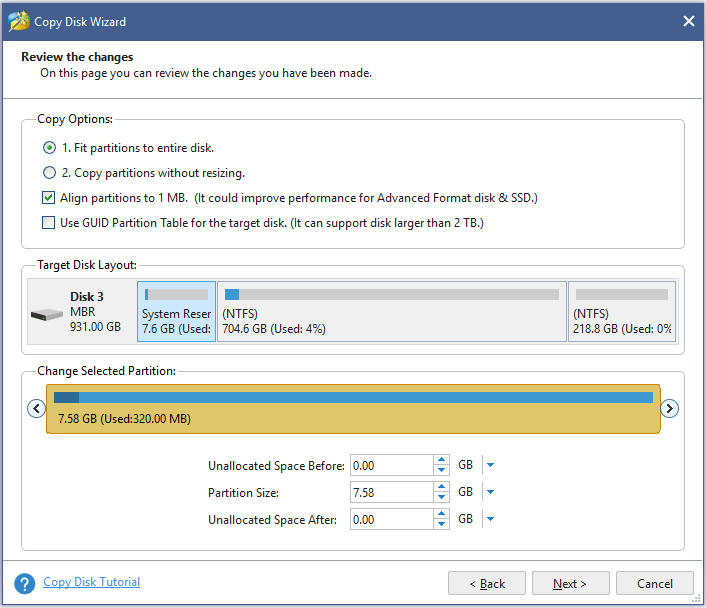 select partition options