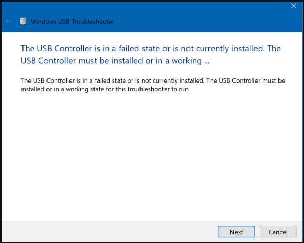 USB controller in a failed state
