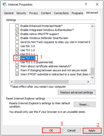 check Use TLS 1.2 and save the settings