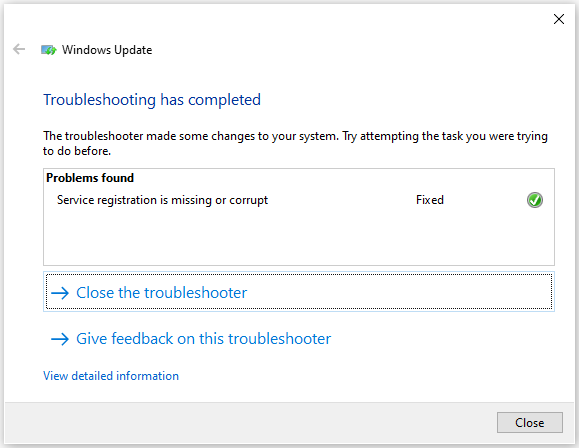 click Close the troubleshooter