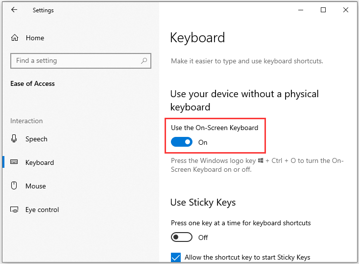 turn on Use the On-Screen Keyboard