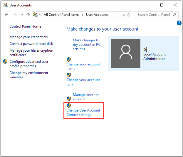click Change User Account Control settings