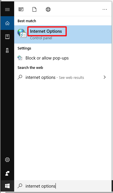 open internet options from the search box