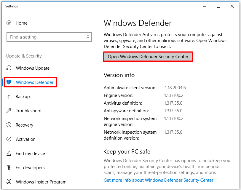 click on the Open Windows Defender Security Center option