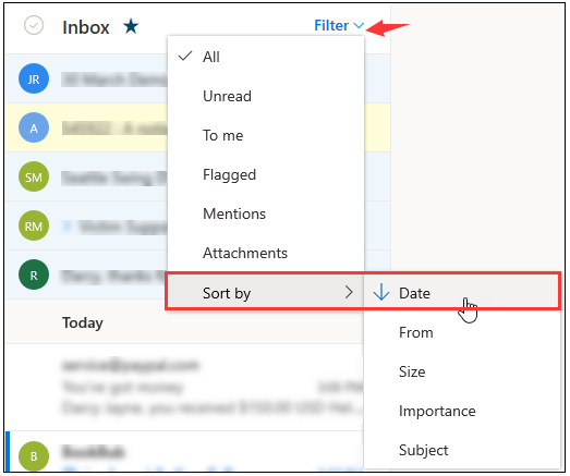 sort by date in Outlook inbox