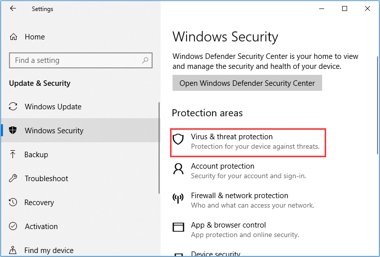 open Windows Defender Security Center