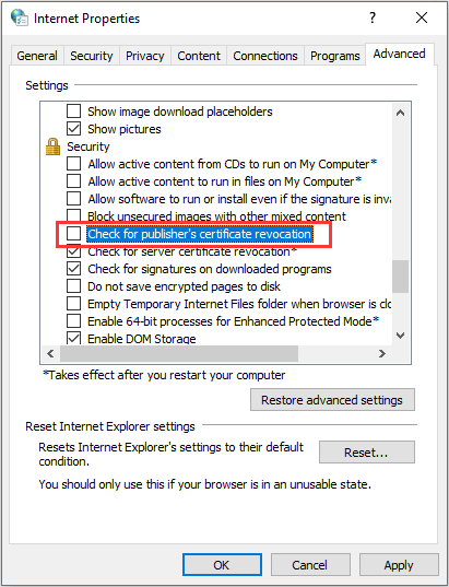 disable check for publisher’s certificate revocation setting