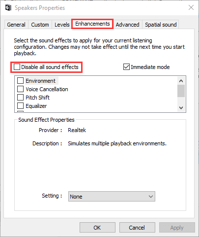 disable audio effects