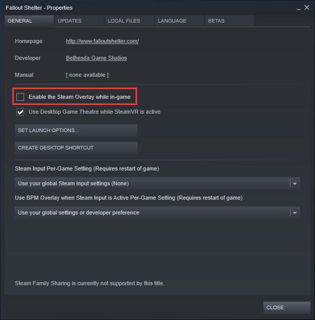 uncheck Enable the Steam Overlay while in-game