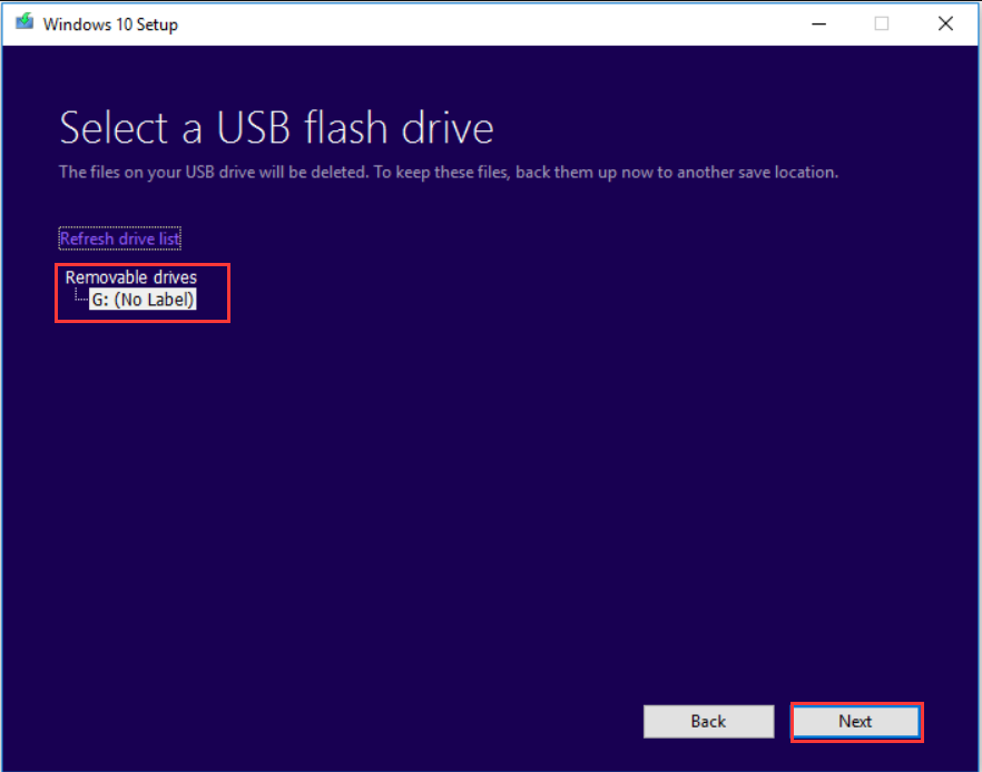 select the USB drive from the listed removable drives