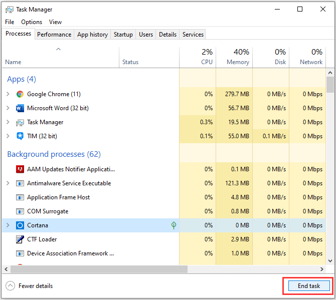 End Task in Task Manager