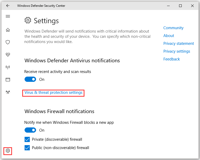 click the settings icon and Virus & threat protection settings