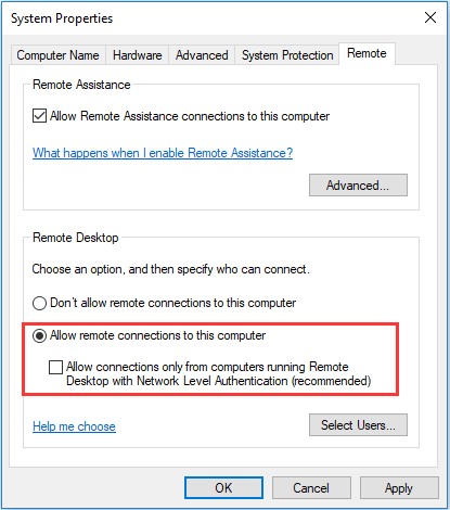 allow remote connection in system properties
