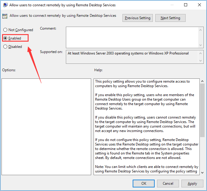 enable remote connections in Group Policy Editor