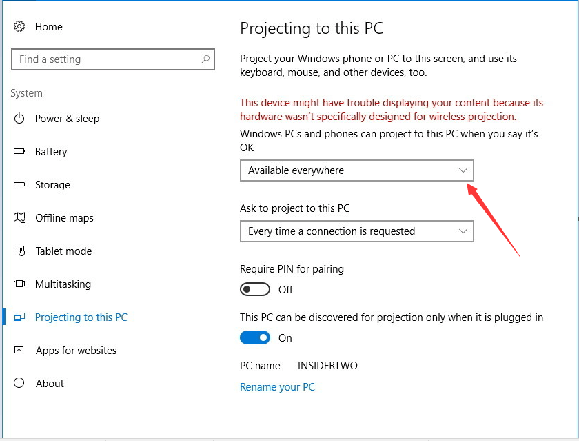 Specify Windows Projecting Settings