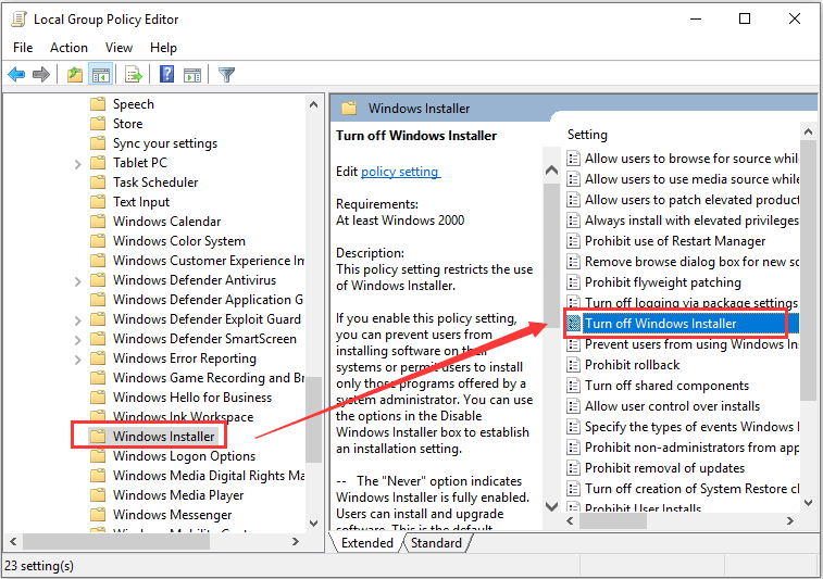 double-click Turn off Windows Installer