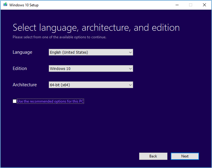 select Language, Windows Edition and Architecture