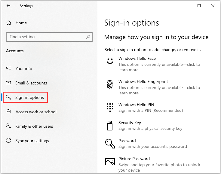 select Sign-in options