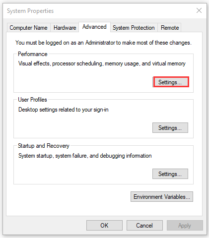 click on Settings under Performance section