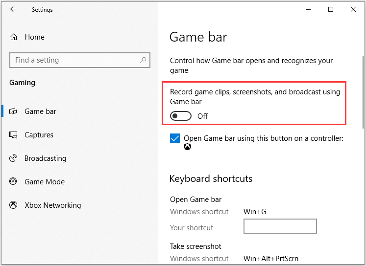 Turn off Game Bar in Windows Settings