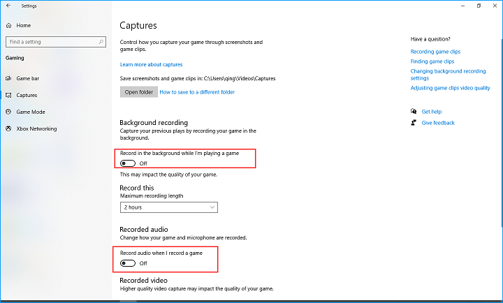 Turn off Captures in Windows Settings