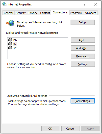 click LAN settings