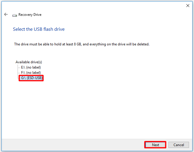 select the USB falsh drive for holding the recovery drive