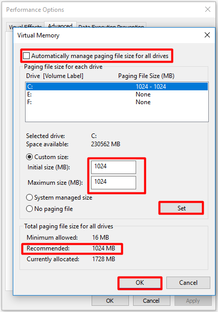 configure the virtual memory and save the changes