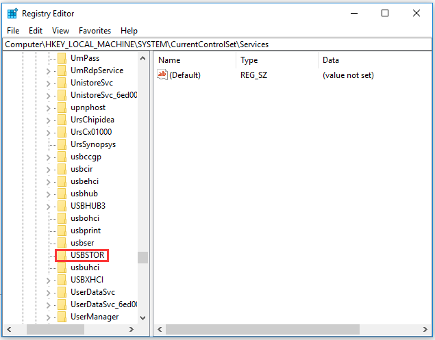 locate USBSTOR in Registry Editor