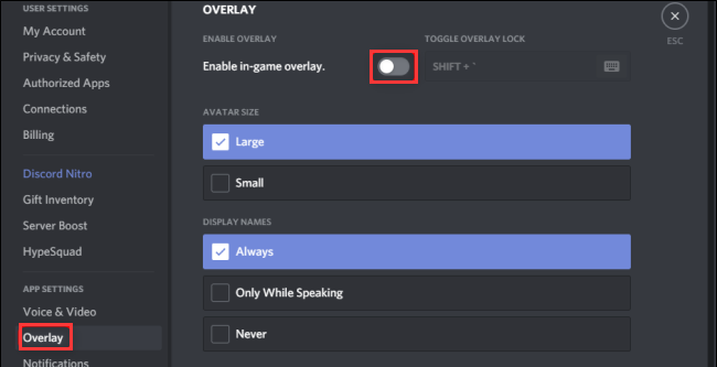 toggle of Enable ingame overlay on Discord