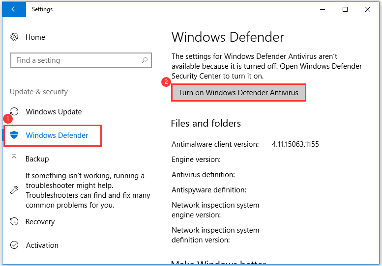 turn on Windows Defender Antivirus