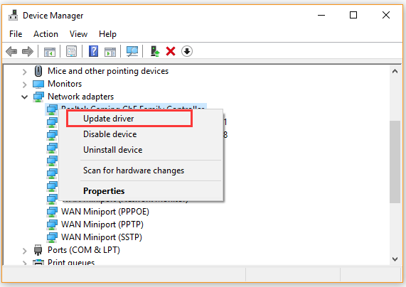 click on Update driver in Device Manager