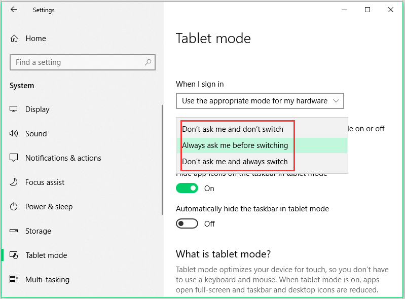 choose a tablet mode switch mode
