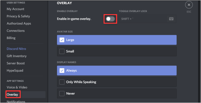 disable overlay in Discord