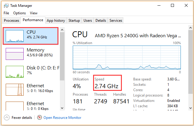 check CPU speed in Task Manager window