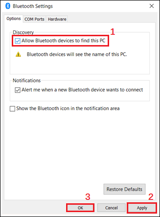 allow Bluetooth devices to find this PC