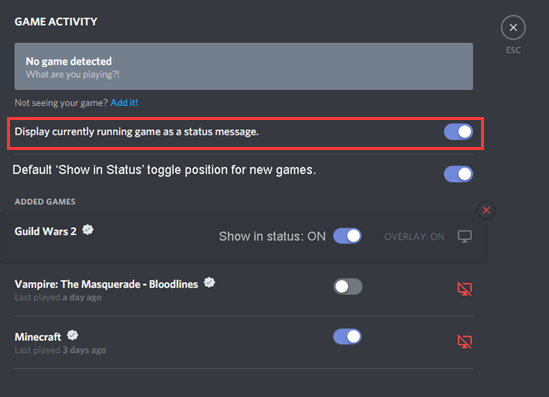 turn on the Display currently running game as a status message option