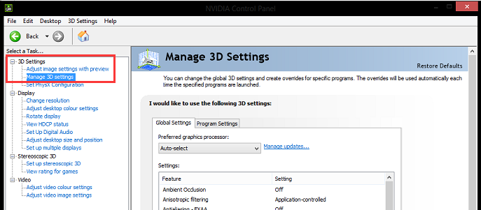 click on Manage 3D settings