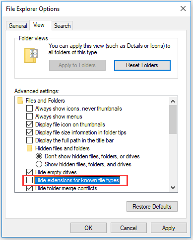 uncheck Hide extensions for know file types