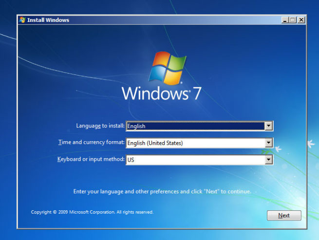 Windows 7 installation interface