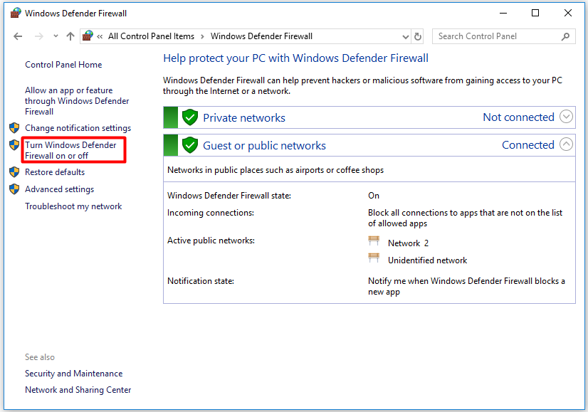 click the Turn Windows Defender Firewall on or off option