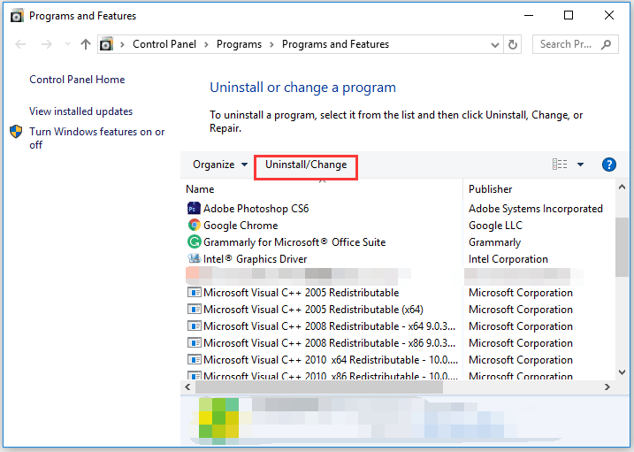 click the uninstall/Change option